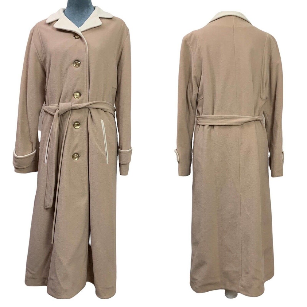 Vintage 60s Kashmiracle Tan Cream Button Long Trench Coat Women's Large USA